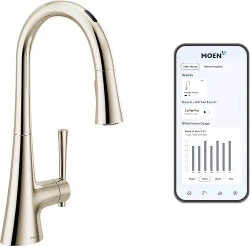 Moen 9126EVNL Kurv - Grifo de cocina inteligente con pulverizador extraíble sin contacto con control de voz y potenciador de potencia, níquel pulido