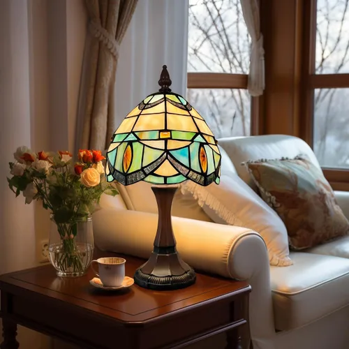 Miniatura 4 de Tiffany - Lámpara de mesa pequeña con vitrales, luz de mesa de estilo antiguo, lámpara de noche vintage para sala de estar, dormitorio, mesita