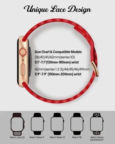 Miniatura 3 de Sunnywoo - Correa deportiva de encaje de silicona compatible con Apple Watch de 38, 40, 41, 42, 44, 45, 46 y 49 mm, unisex, correa de muñeca Rojo