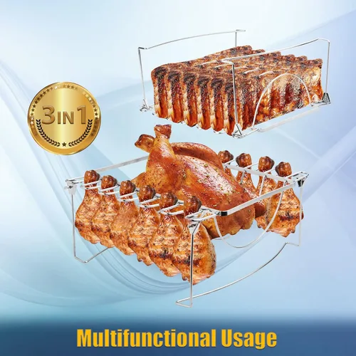 Miniatura 3 de Estante para costillas 3 en 1 para ahumar y patas de pollo para parrilla, capacidad para 6 costillas grandes, 12 alas de pata de pollo, 1 pollo
