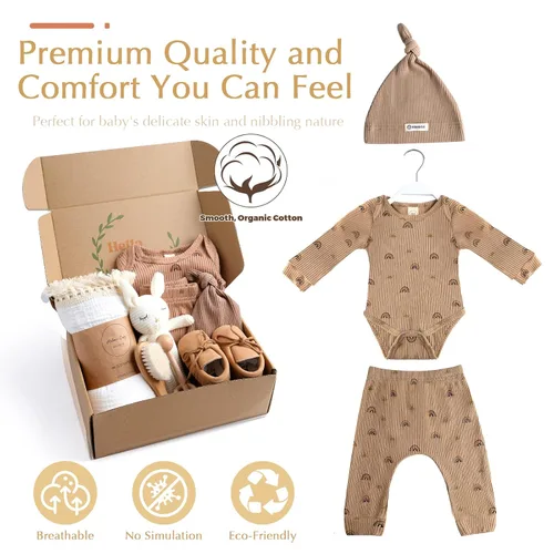 Miniatura 2 de meloom Juego de regalo para bebé, caja de regalo unisex para recién nacidos, artículos esenciales para bebés neutros de género bohemio, regalos