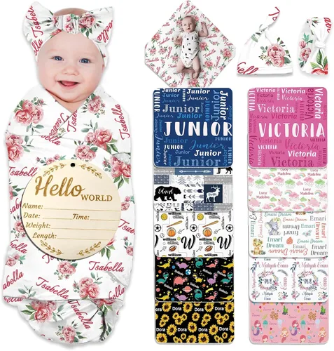 Miniatura 15 de Manta de bebé personalizada para niña y niño, manta de recepción con nombre personalizado con diadema de lazo y sombrero, regalos personalizados