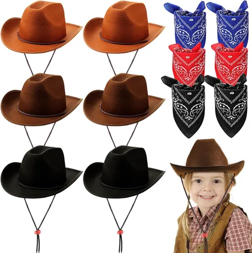 Miniatura 8 de Unittype Juego de 12 sombreros de vaquero para niños, sombrero de vaquera occidental y bandanas de poliéster para niños y niñas, disfraces