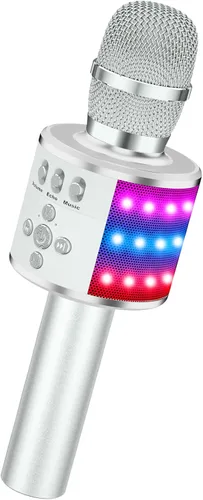 Miniatura 10 de BONAOK Micrófono de karaoke para niños y adultos, micrófonos Bluetooth, micrófono para cantar con luces de discoteca, efecto eco, altavoz integrado