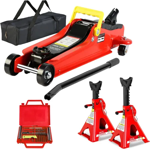 Miniatura 13 de Gato hidráulico de perfil bajo con bolsa de almacenamiento, de acero, bomba de elevación rápida de un solo pistón, rojo, rango de elevación de 3.3 a