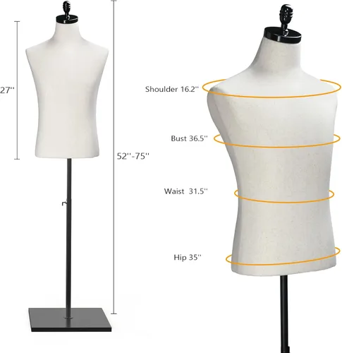 Miniatura 2 de VINGLI Torso de maniquí masculino con soporte de madera/metal, forma de vestir masculina de altura ajustable para exhibición de ropa y costura