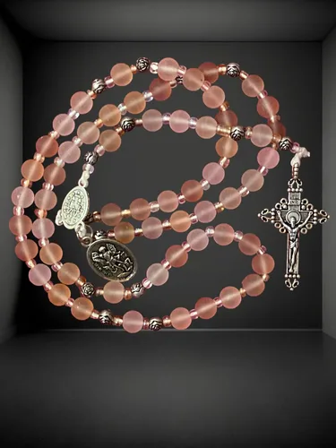 Miniatura 2 de Pink Frosted Glass Rosary with Miraculous Medal and 2" Crucifix St Michael Medal