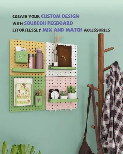 Miniatura 6 de Kit combinado de tablero de clavijas de metal, 4 tableros de clavijas de acero al carbono con 26 accesorios, organizador de pared para el hogar, Rosa