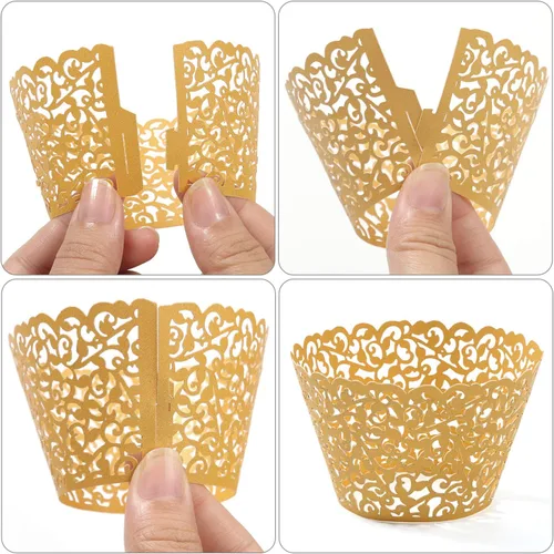 Miniatura 7 de KPOSIYA Paquete de 120 envoltorios artísticos para magdalenas, tazas de papel para hornear pasteles, diseño de vid cortadas con láser, bandejas