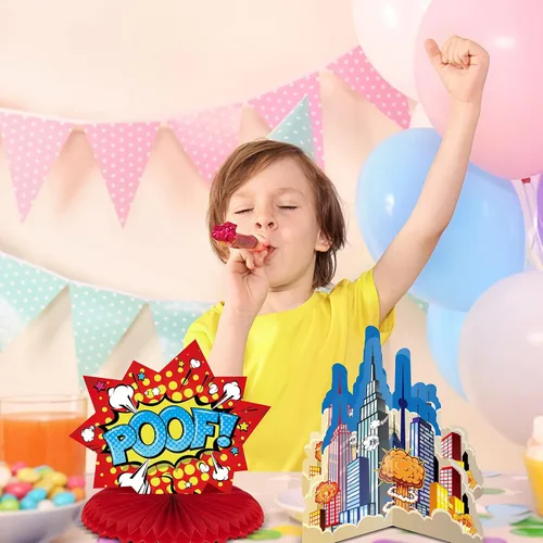 Miniatura 5 de 10 piezas de decoración de fiesta temática de héroe, centros de mesa 3D con temática de héroe, decoración de mesa de papel con palabras grandes