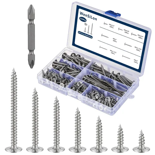 WensiLon - Tornillos para madera de cabeza segmentada Phillips #8, de acero inoxidable 410, metal autorroscante rápido, juego surtido Plateado