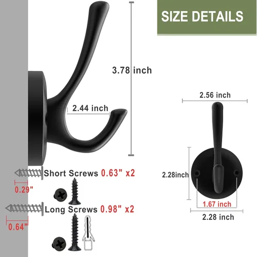 Miniatura 5 de TOFIIGREM Ganchos de pared negros para toallas, paquete de 3 ganchos para abrigos, ganchos para bata, gancho de metal resistente, doble gancho