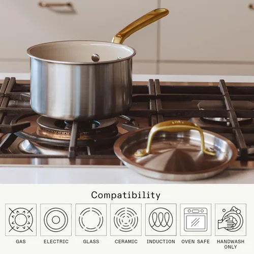 Miniatura 4 de Made In Cookware - 2 QT CeramiClad Non Stick Saucepan with Lid (Antique Brass Handle) - 5-Ply Stainless Clad with Stay-Cool Handle - Professional