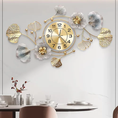 Relojes para sala de estar, reloj de pared grande, reloj de pared silencioso 3D, diseño retro de hoja de ginkgo de metal, para dormitorio, cocina,