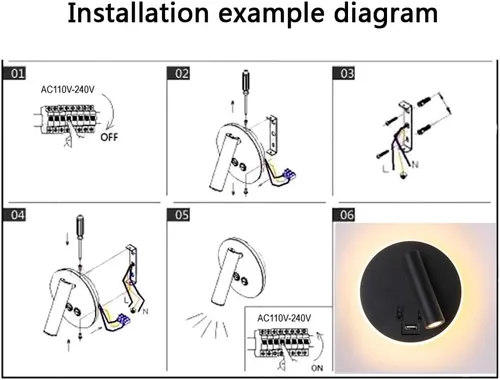 Miniatura 7 de Puerto de carga USB, luz de lavado de pared, luz LED negra con pared interior, foco ajustable, lámpara de lectura, lámpara de pared para dormitorio
