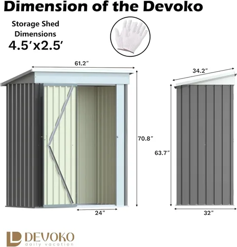 Miniatura 5 de Devoko Cobertizo de almacenamiento al aire libre de 5 x 3 pies, cobertizo de jardín de metal con cerradura, casa de almacenamiento de acero Gris
