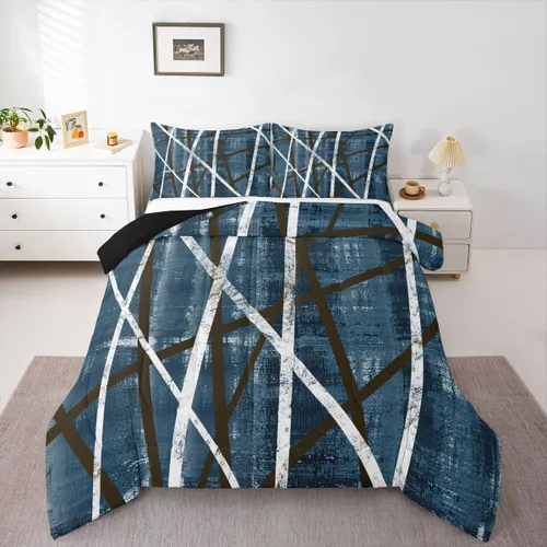 Erosebridal Edredón azul marino tamaño individual, juego de ropa de cama a rayas de acuarela para adultos, relleno interior de edredón geométrico de