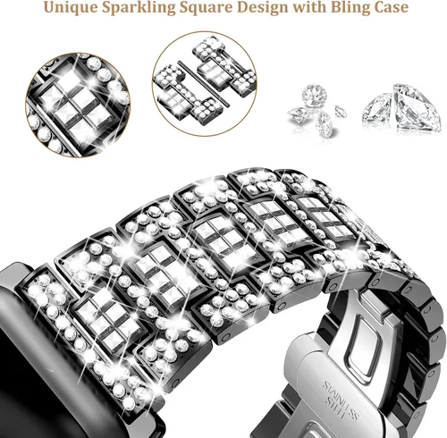 Miniatura 5 de Mosonio Compatible con correas brillantes para Apple Watch de 40/44/41/45/42/1.811 in con caja de metal brillante, bandas de diamantes de lujo