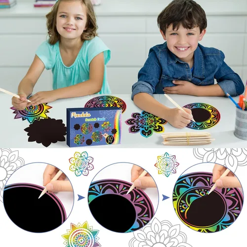Miniatura 3 de BeYumi Diwali - Juego de 60 tarjetas para rascar con mandala, para niños, para manualidades, papel mágico para rascar, para colgar, adornos florales