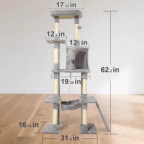 Miniatura 4 de Árbol grande para gatos, torre para gatos de varios niveles de 65 pulgadas de alto con postes rascadores cubiertos de sisal, condominio, hamaca