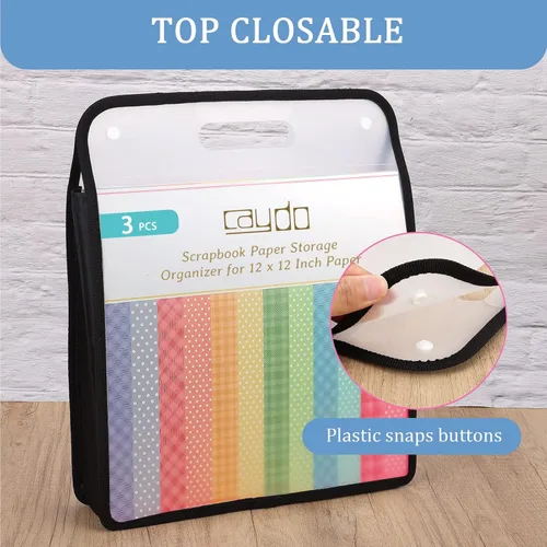 Miniatura 4 de Caydo Organizador de papel para álbum de recortes, paquete de 3 folios de papel expandible negro con asa, almacenamiento de papel portátil