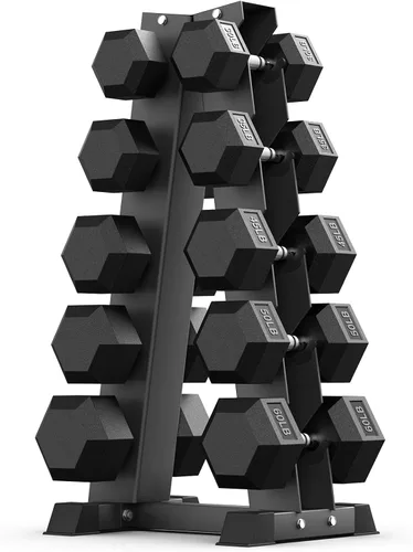 Miniatura 19 de PAPABABE - Juegos de mancuernas hexagonales de 60-550 libras con revestimiento de goma y soporte de almacenamiento, mancuernas con múltiples