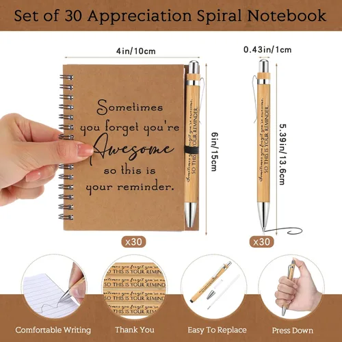 Miniatura 2 de Honoson 30 Juegos de Cuadernos en Espiral, Regalos de Agradecimiento para Empleados, Diarios Inspiracionales con Bolígrafos de Bambú Retráctiles a