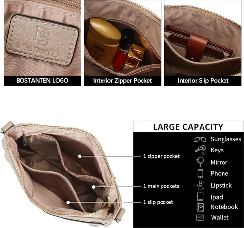 Miniatura 6 de BOSTANTEN - Bolsos bandolera para mujer, de cuero vegano moderno, estilo hobo, con correa ancha para el hombro