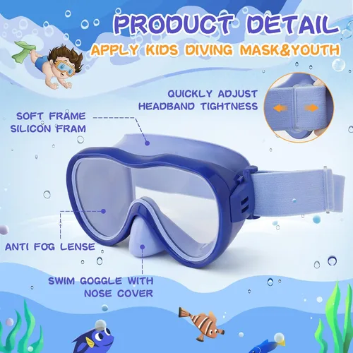 Miniatura 5 de Máscara de snorkel para niños, máscara de buceo de 180° con cubierta para la nariz, gafas de natación antiniebla para niños con correa de tela Azul
