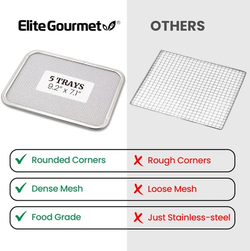 Miniatura 7 de Elite Gourmet EFD809D Deshidratador de Alimentos con 5 Bandejas de Acero Inoxidable, Temperatura y Tiempo Ajustables + Mantener Caliente, Incluye