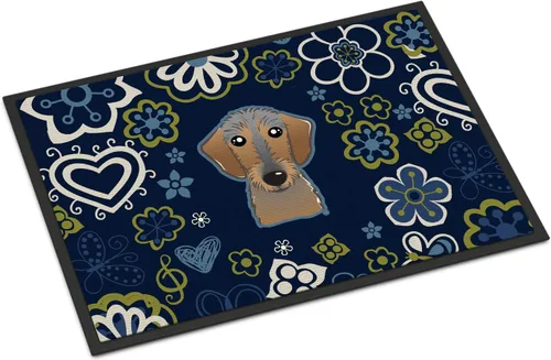 Caroline's Treasures BB5084MAT - Felpudo de pelo salchicha con diseño de flores azules de 18 x 27 pulgadas, tapete para puerta delantera, para