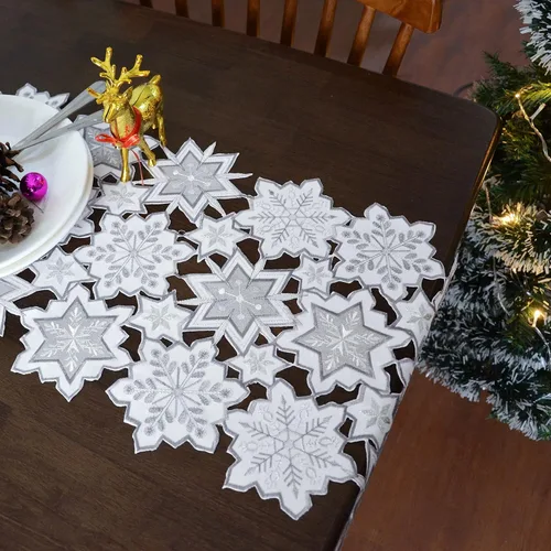 Miniatura 4 de Grelucgo Camino de mesa bordado de copos de nieve gris y blanco para Navidad o invierno (13.5 x 70 pulgadas)