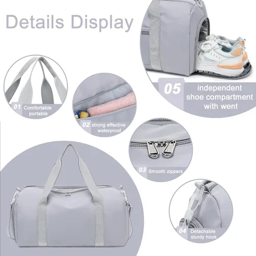 Miniatura 4 de Bolsa de viaje deportiva para gimnasio para hombres y mujeres con compartimento para zapatos, bolsillo húmedo, Gris (Pure Grey), Bolsa de gimnasio