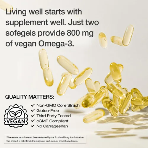 Miniatura 5 de Suplemento vegano Omega 3 DHA – Aceite de algas, DHA a base de plantas, 800 mg, sin carragenina, reemplazo para aceite de pescado, apoya el corazón