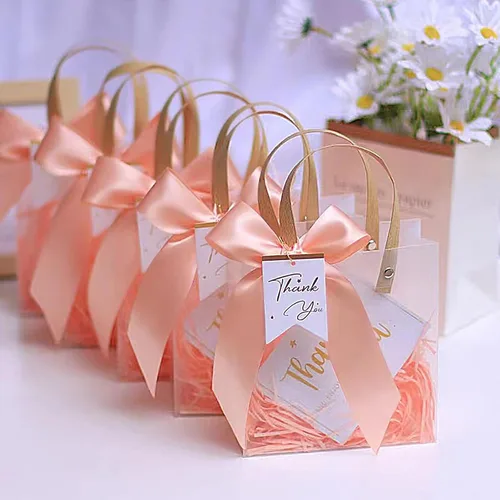 Miniatura 10 de ZSMSTW 5 bolsas de regalo de PVC transparente con asas, bolsas de plástico reutilizables para regalos de boda, fiesta de cumpleaños, bolsas de Matcha