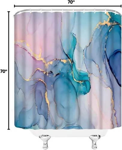 Miniatura 6 de Cortina de ducha de mármol verde azulado y rosa, moderna, abstracta con textura de mármol azul, rayas doradas, elegante decoración de tela de lujo