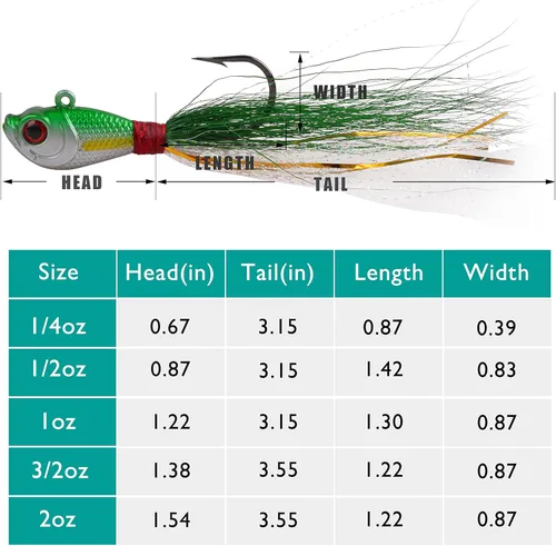 Miniatura 4 de Bucktail Jigs Señuelos de agua salada, 3/5 piezas de jigs de pelo de cola de cubo para la cabeza, señuelos de pesca, kit surtido para lubina