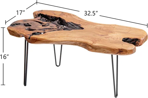 Miniatura 2 de WELLAND Mesa de centro de madera de cedro con borde vivo, patas de horquilla de metal, 32.5 pulgadas de ancho x 17 pulgadas de profundidad x 16