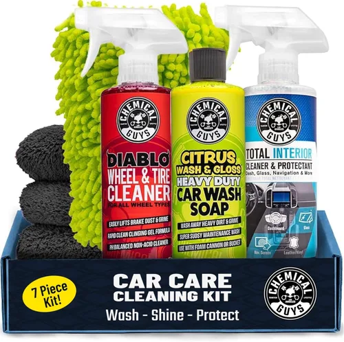 Chemical Guys Kit de limpieza para automóvil, con jabón de lavado de autos, limpiador de ruedas, interior total, guante de lavado de autos, kit de