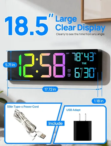 Miniatura 2 de Reloj de Pared Digital Grande de 18.5" con Control Remoto, Relojes Digitales con Pantalla LED Grande con Luz Nocturna, Alarma, Cuenta Regresiva