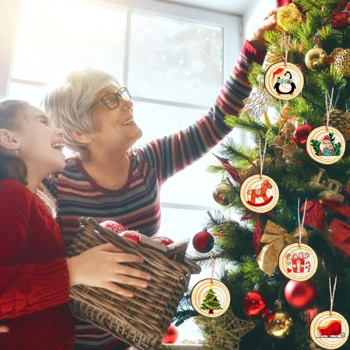 Miniatura 6 de Max Fun Rebanadas de madera natural, 30 piezas de 3.5 a 4 pulgadas, adornos de Navidad de madera sin terminar, preperforados, círculos de madera