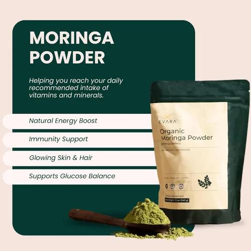 Miniatura 7 de EVARA Moringa en polvo orgánico (12 onzas/11.99 oz) Polvo de hoja de moringa 100% puro y orgánico con nutrientes vitales Para una fuerte