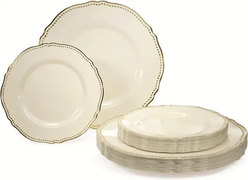 Miniatura 13 de OCCASIONS" Paquete de 50 platos (25 invitados) - Juego de platos de plástico desechables resistentes para fiestas de boda - 25 x 10.25'' para cena