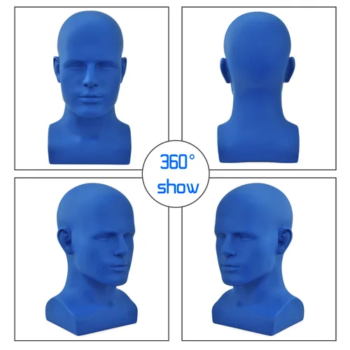 Miniatura 3 de FanLin Cabeza de maniquí masculino profesional para exhibir pelucas, sombreros, máscara de auriculares, gafas de sol, joyería y soporte de Azul