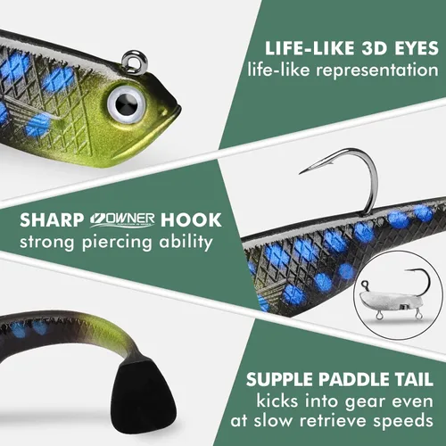 Miniatura 3 de GOTOUR Pre-Rigged Soft Fishing Lures with Weedless Hook, Lifelike Paddle Tail Swimbaits for Bass Fishing, Freshwater & Saltwater Fishing Bait