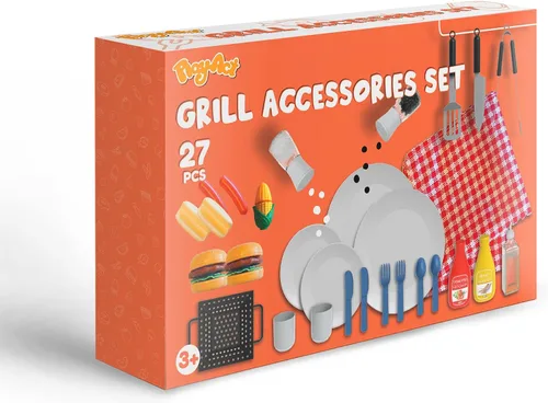 Miniatura 7 de 27 piezas de juego de parrilla de barbacoa para niños, juguete de parrilla de barbacoa de patio trasero, juego de juguetes de parrilla para niños