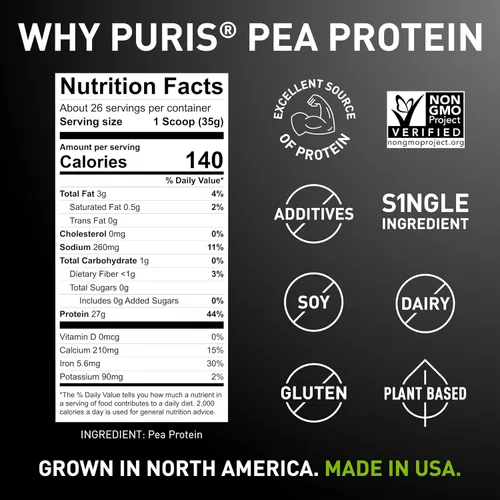 Miniatura 3 de PURIS Proteína de guisante en polvo – Vegano a base de plantas 0.95 oz por porción Sin lácteos, soja y gluten Etiqueta limpia sin OMG Sabor