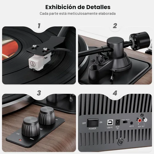 Miniatura 3 de Tocadiscos de vinilo todo en uno, tocadiscos Bluetooth integrado con 4 altavoces estéreo, preamplificador de teléfono, tocadiscos de alta fidelidad
