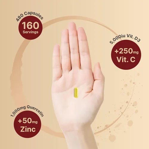 Miniatura 4 de NatureBell Quercetina de Zinc con Vitamina C y D3, 480 Cápsulas (Paquete de 2) Quercetina 1,000mg + Zinc 50mg + Vitamina C 250mg + Vitamina D3