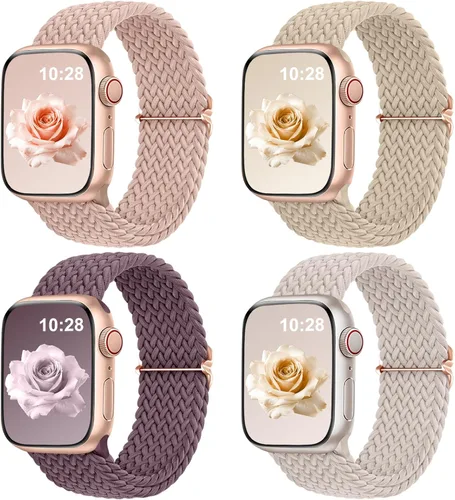 Miniatura 12 de DaQin Paquete de 4 correas elásticas trenzadas Solo Loop para Apple Watch para mujeres y hombres, de 1.575 pulgadas, 1.614 pulgadas, 1.654 pulgadas